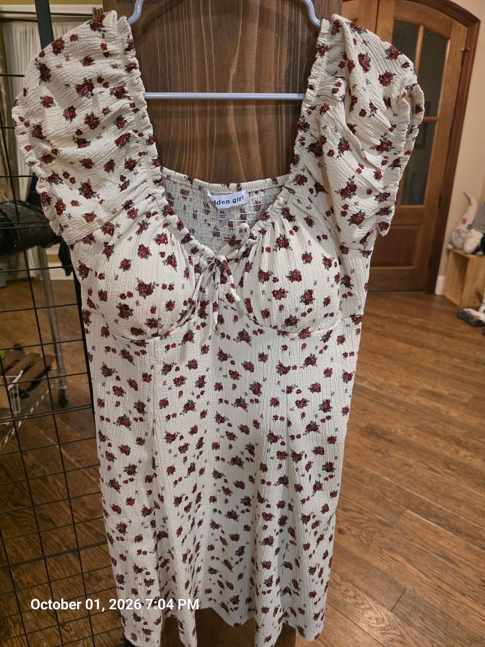 Madden Girl Cream Floral Smocked Puff Sleeve Dress XL